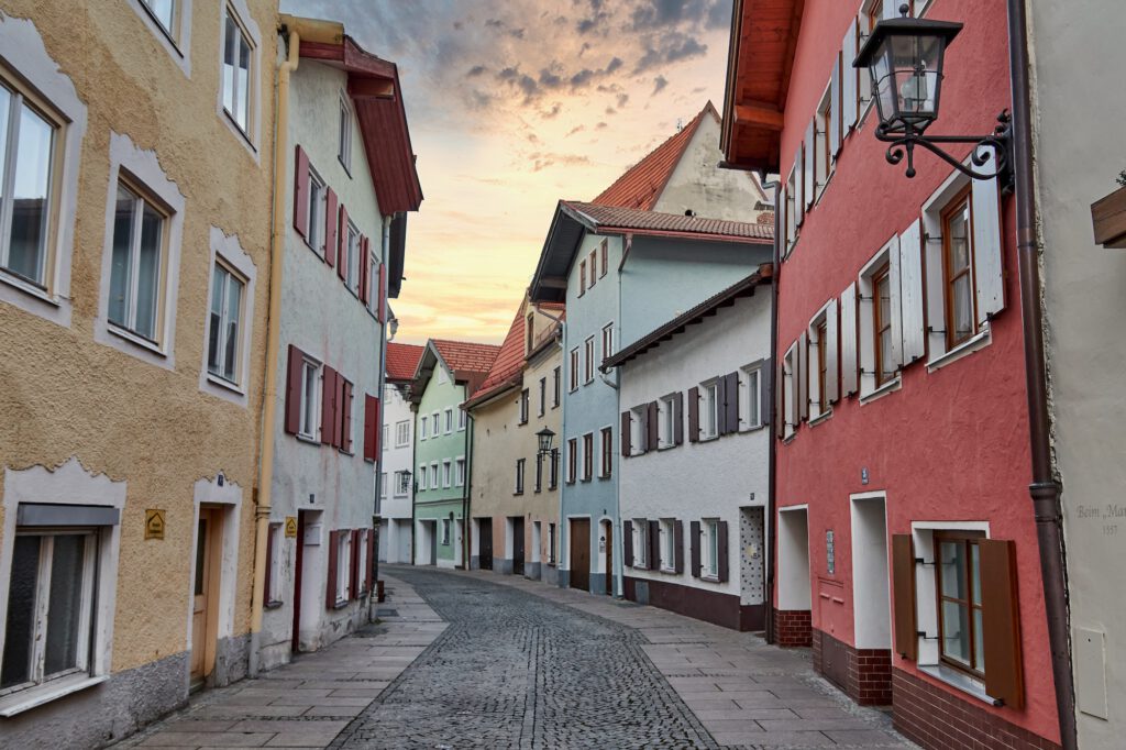 Empty street with Colorful houses in old town in Fussen, Germany.